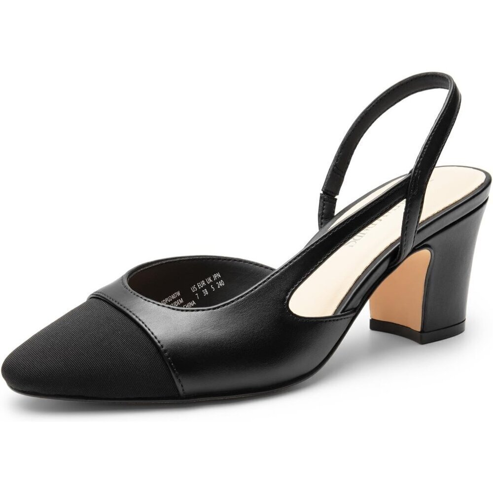 Women Black Faux Leather Closed Round Toe Low Chunky Heel Slingback Pumps Shoe